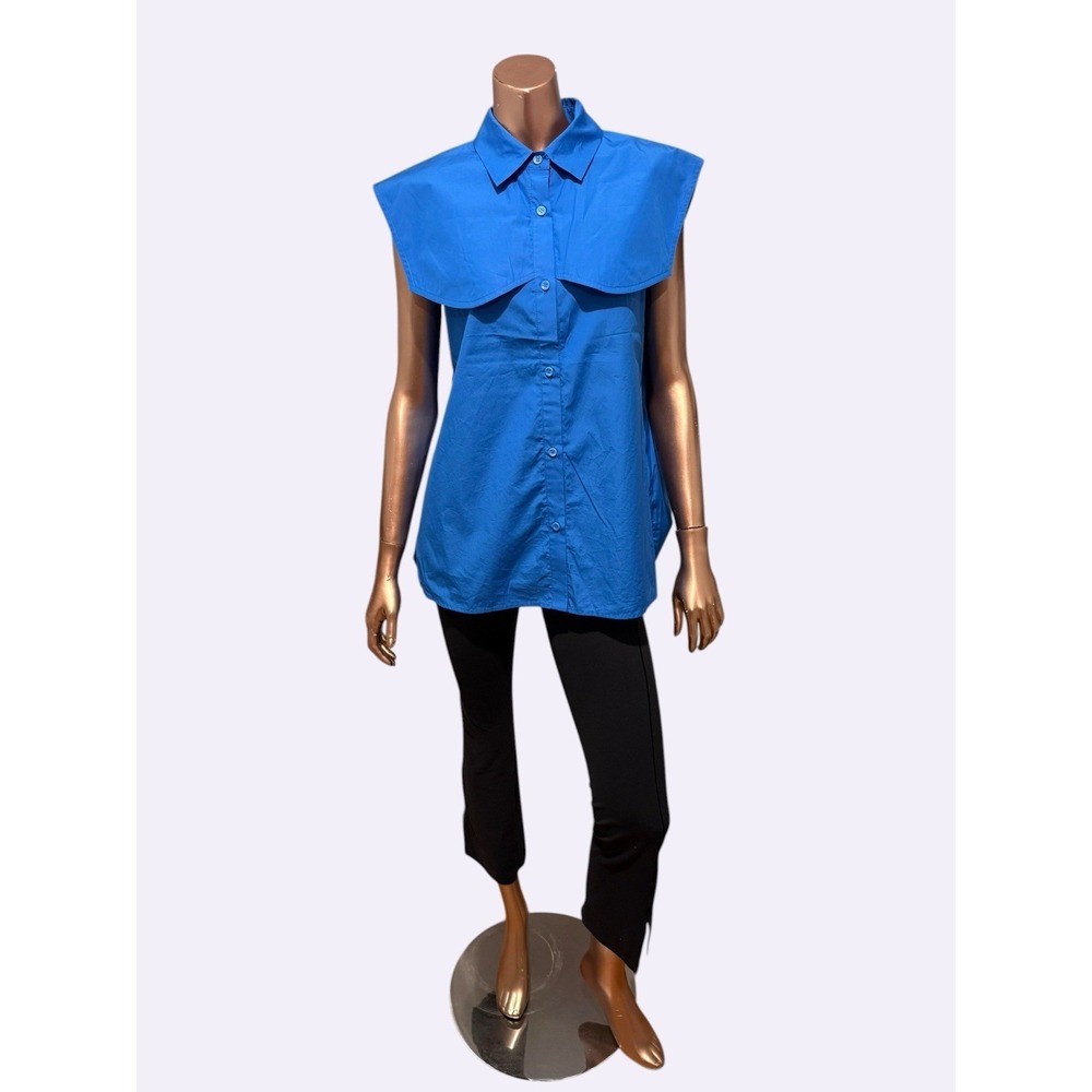 $150 NWT Cobalt Blue Sleeveless Crisp Cotton Tunic Shirt Top Designer Minimalist